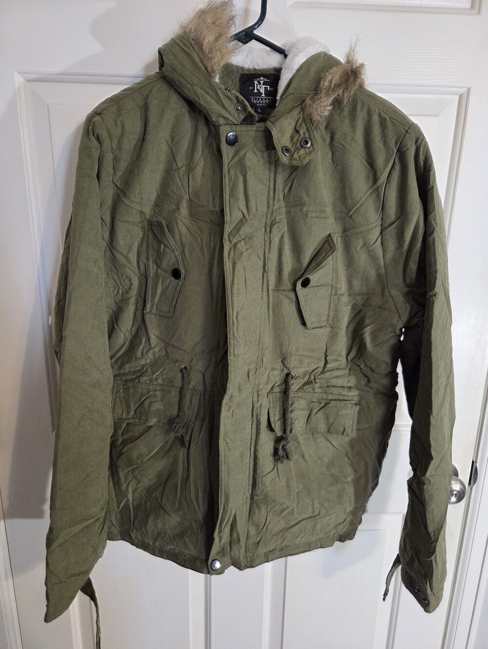 Nitagut Army Green Faux Fur Hood Parka Coat Large